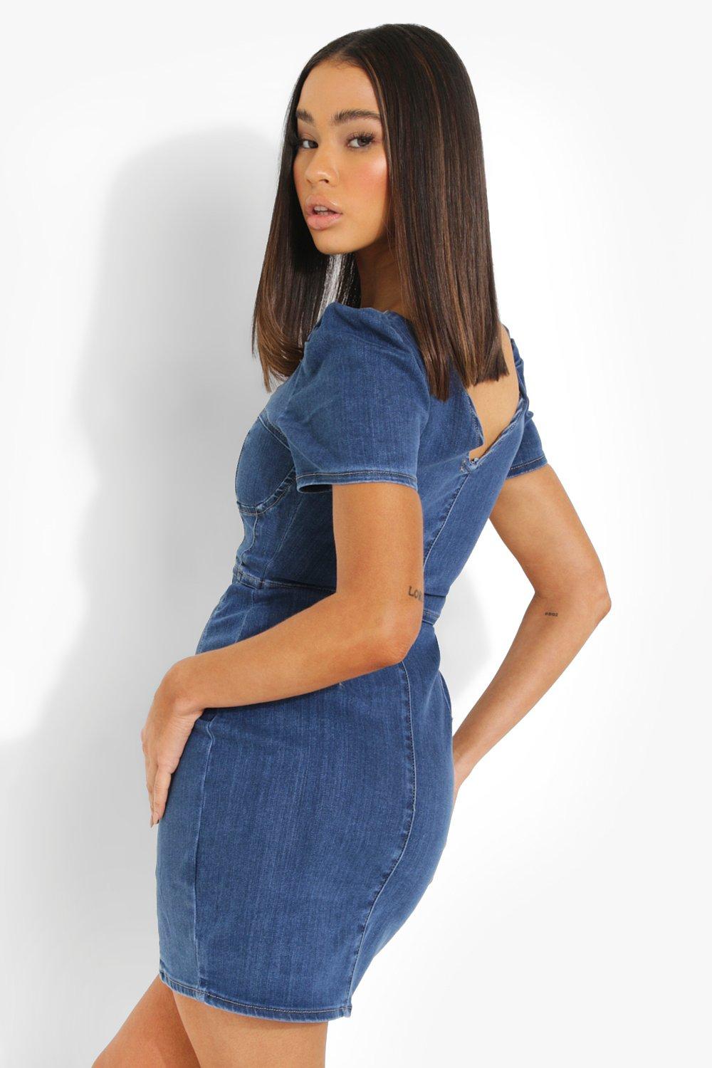 Boohoo off shoulder denim dress sale